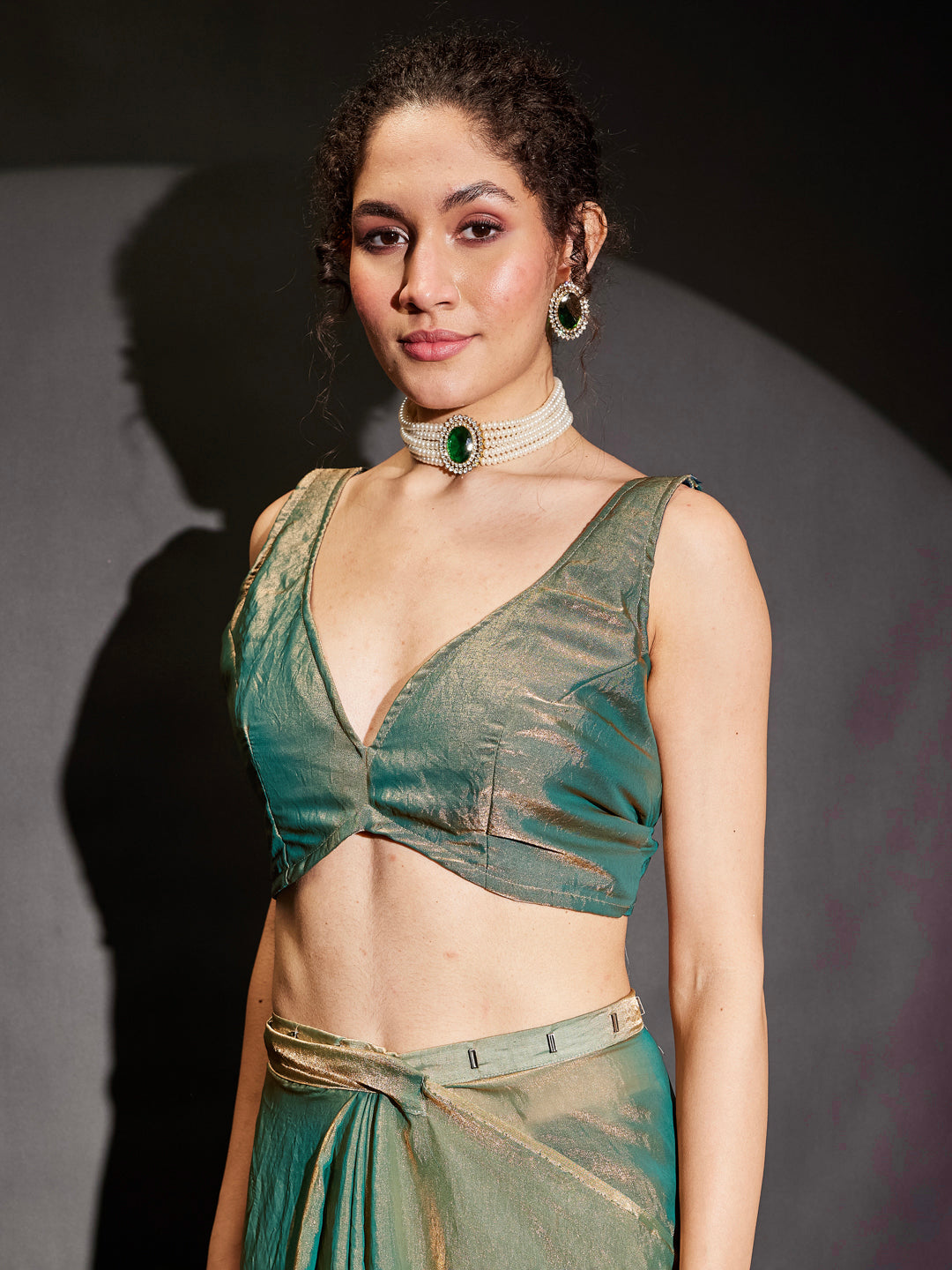 Ninnique Women's Green & Gold Tissue Silk Ready To Wear Embellished Saree with Unstitched Blouse