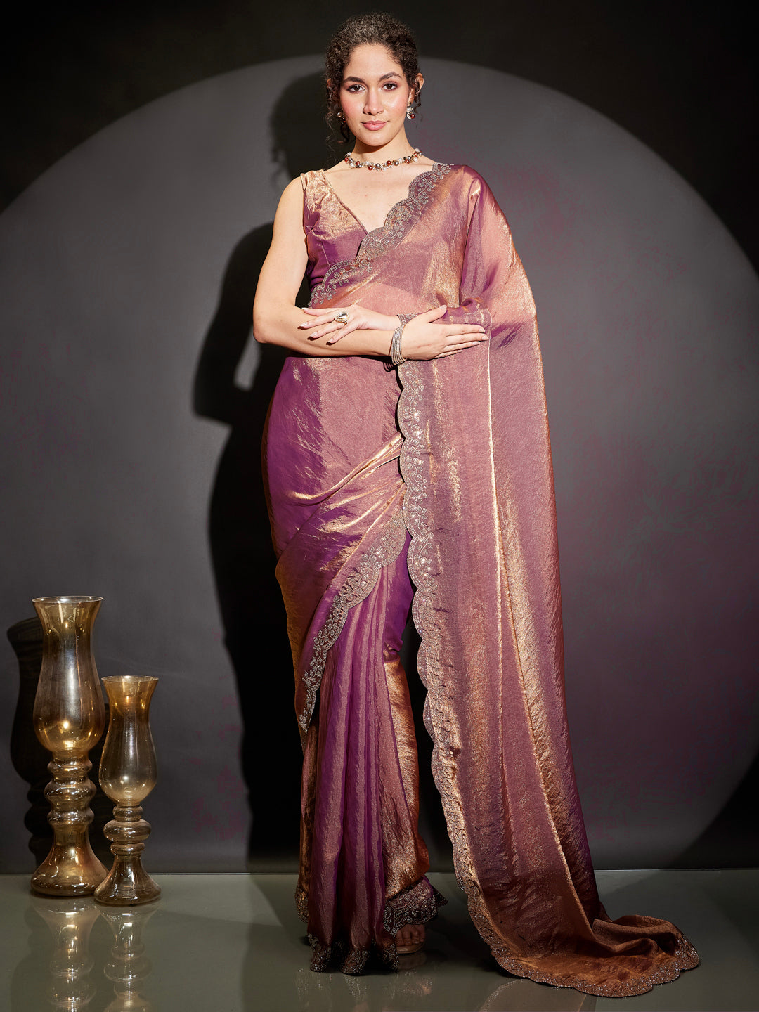 Ninnique Women's Purple & Gold Tissue Silk Ready To Wear Embellished Saree with Unstitched Blouse