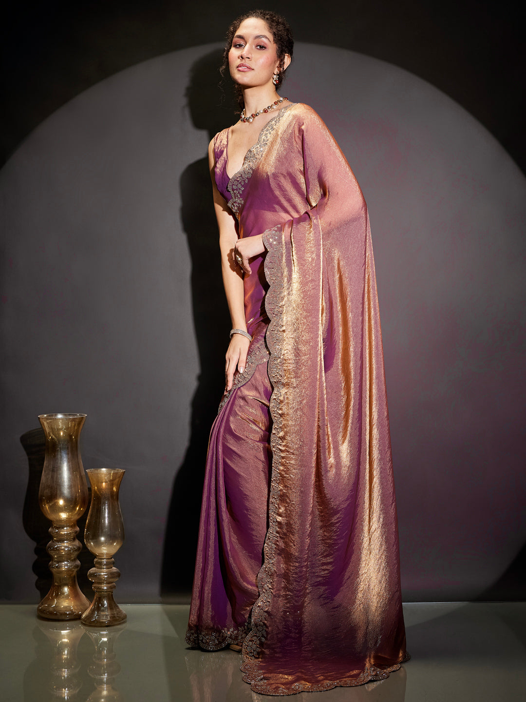 Ninnique Women's Purple & Gold Tissue Silk Ready To Wear Embellished Saree with Unstitched Blouse