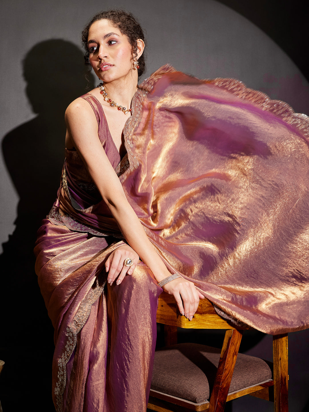 Ninnique Women's Purple & Gold Tissue Silk Ready To Wear Embellished Saree with Unstitched Blouse