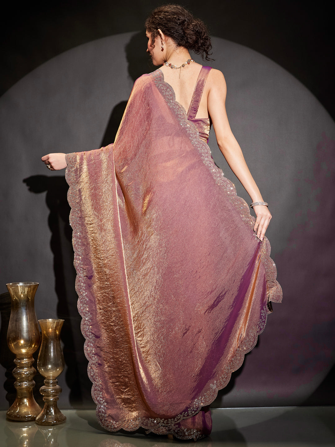 Ninnique Women's Purple & Gold Tissue Silk Ready To Wear Embellished Saree with Unstitched Blouse