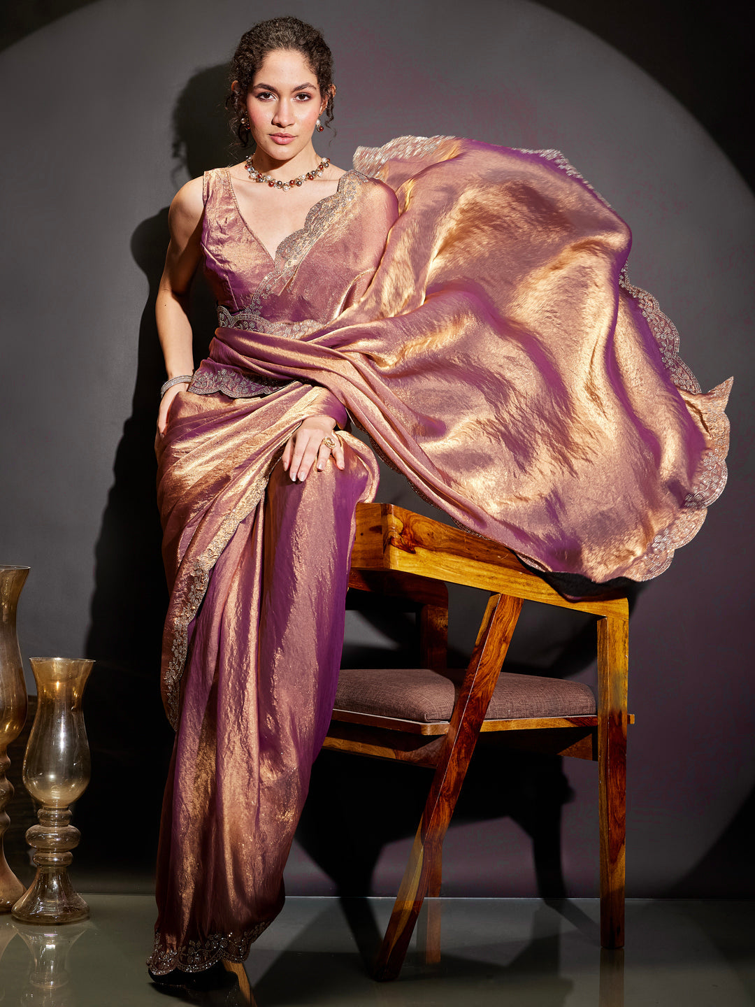 Ninnique Women's Purple & Gold Tissue Silk Ready To Wear Embellished Saree with Unstitched Blouse