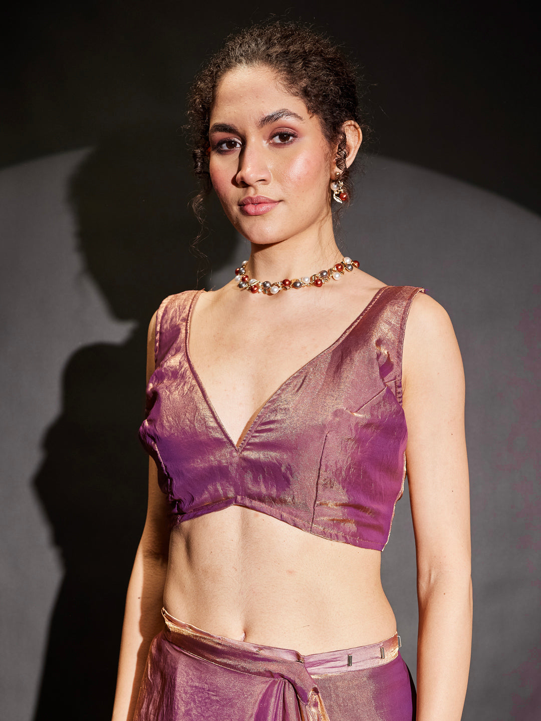 Ninnique Women's Purple & Gold Tissue Silk Ready To Wear Embellished Saree with Unstitched Blouse