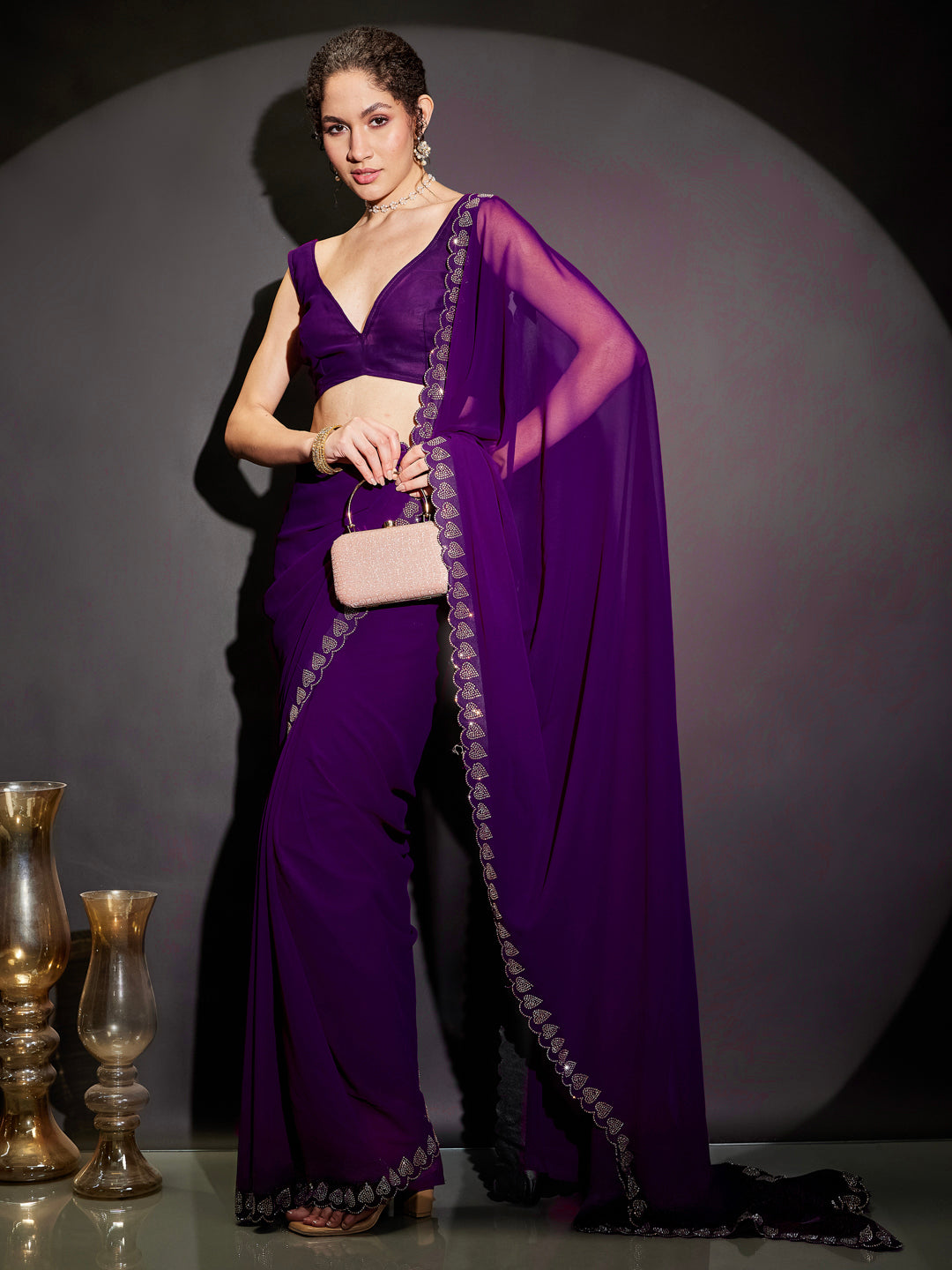 Ninnique Women's Purple Georgette Ready To Wear Embellished Saree with Unstitched Blouse