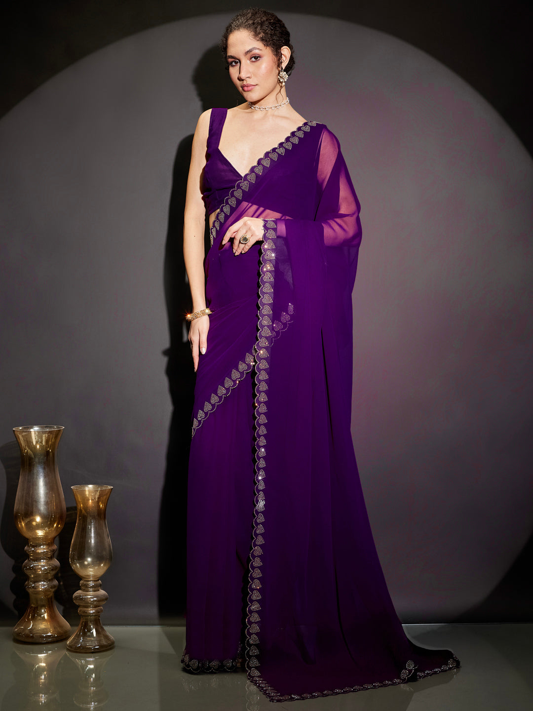 Ninnique Women's Purple Georgette Ready To Wear Embellished Saree with Unstitched Blouse