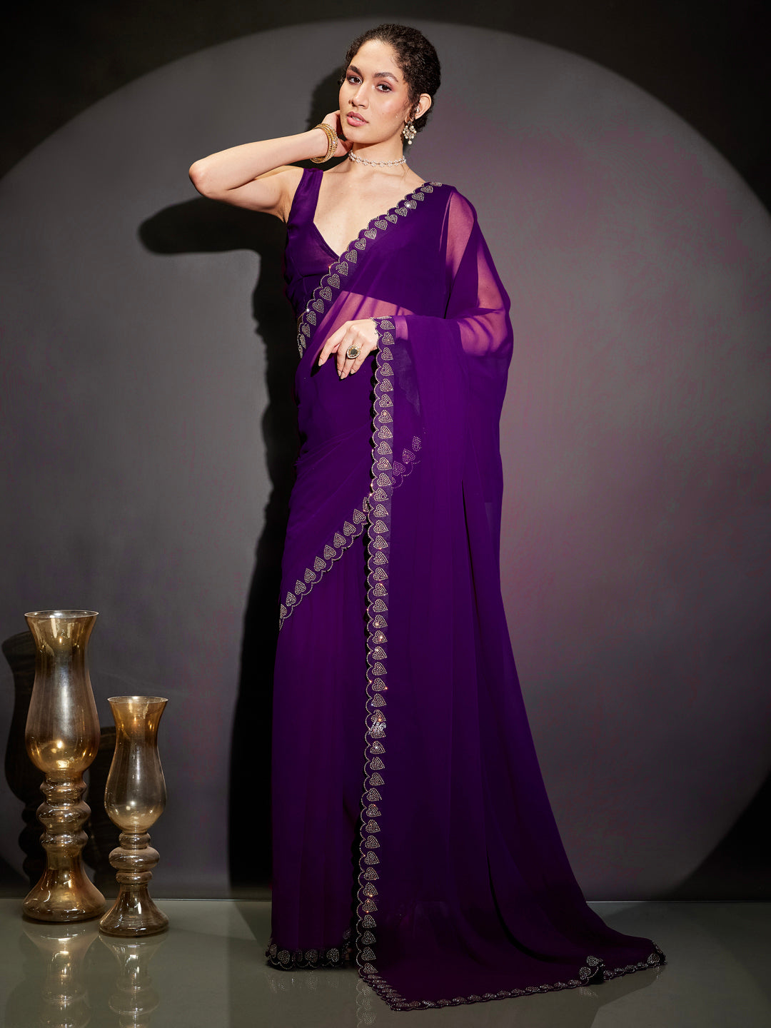 Ninnique Women's Purple Georgette Ready To Wear Embellished Saree with Unstitched Blouse