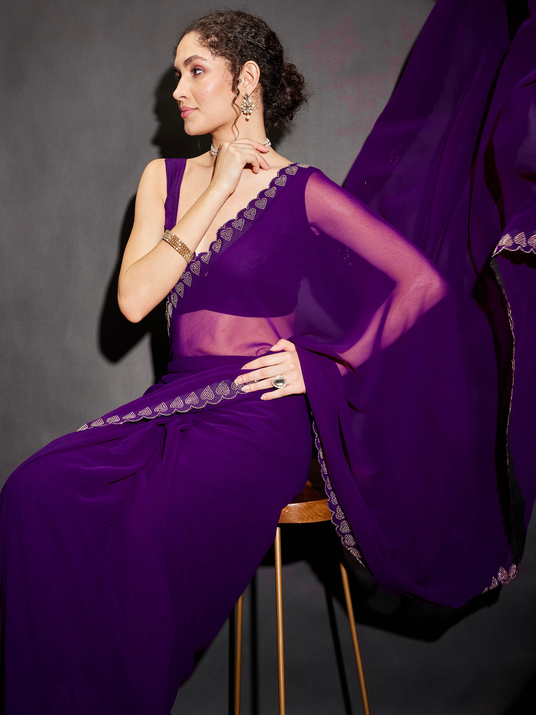 Ninnique Women's Purple Georgette Ready To Wear Embellished Saree with Unstitched Blouse