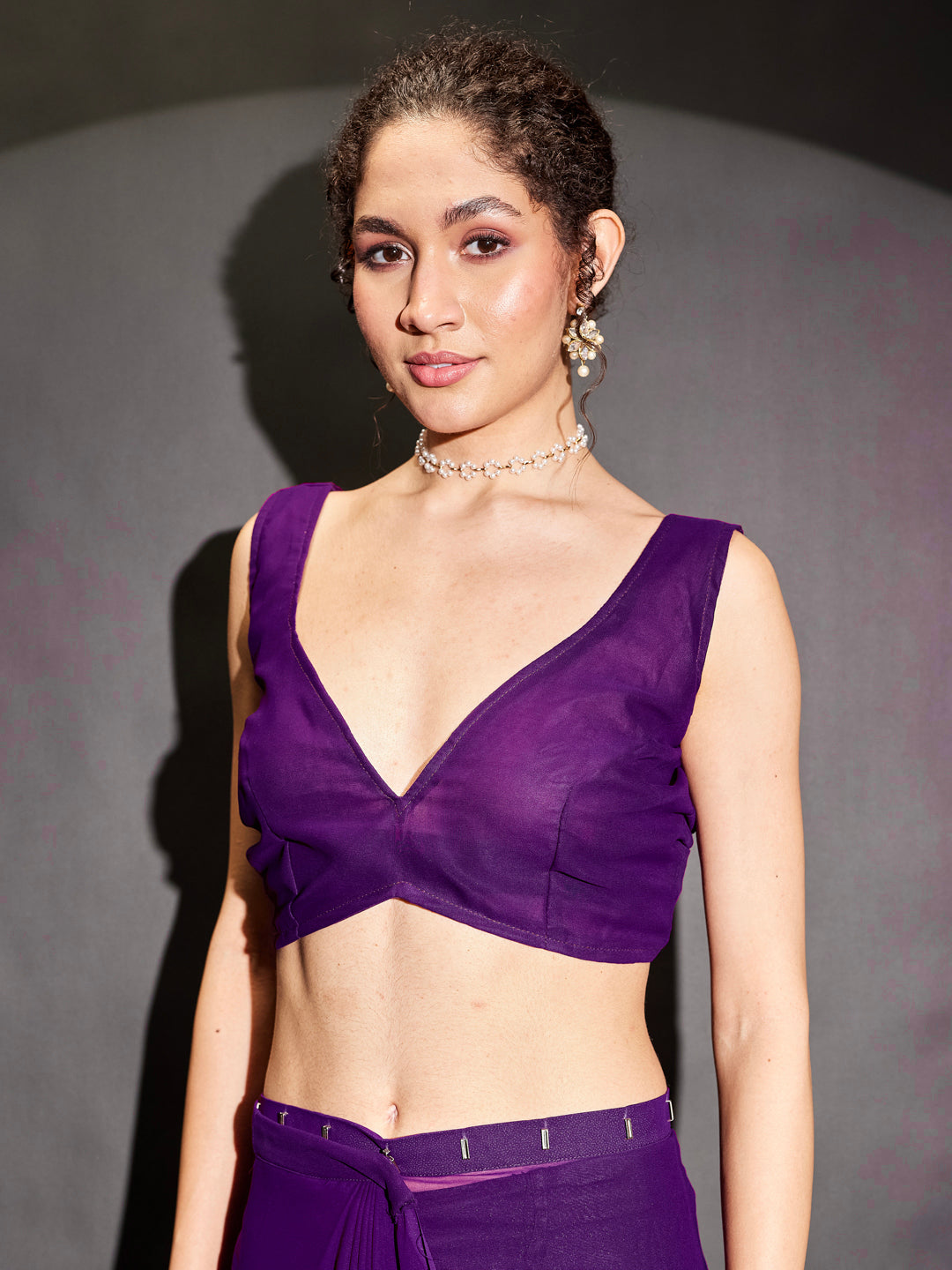 Ninnique Women's Purple Georgette Ready To Wear Embellished Saree with Unstitched Blouse