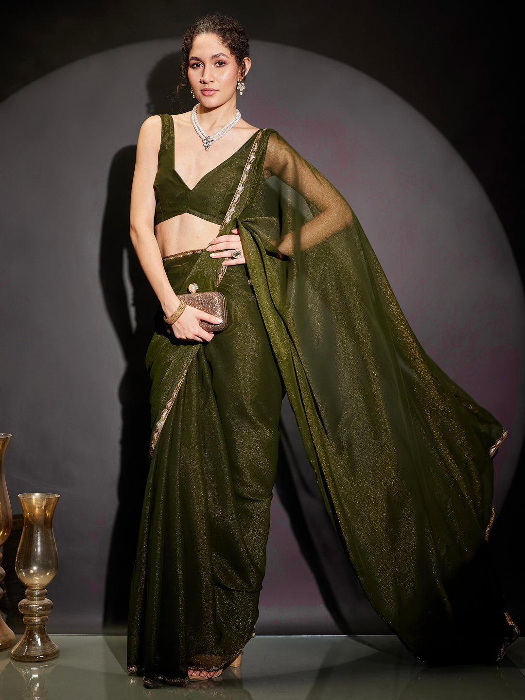 Ninnique Women's Olive Silk Blend Ready To Wear Embellished Shimmer Saree with Unstitched Blouse