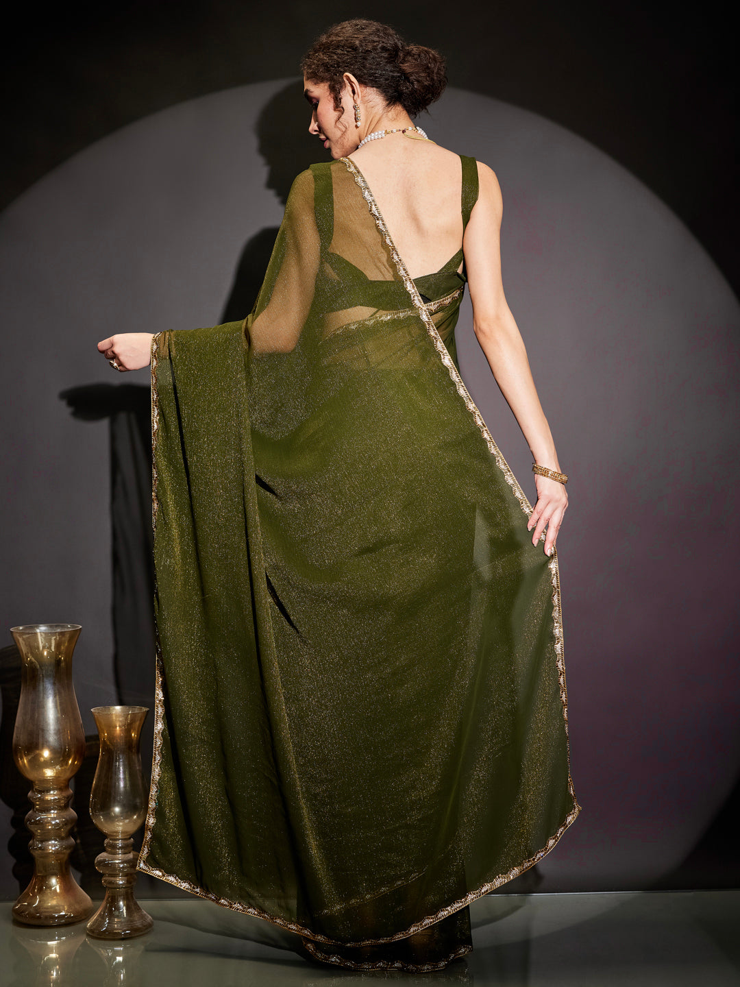 Ninnique Women's Olive Silk Blend Ready To Wear Embellished Shimmer Saree with Unstitched Blouse