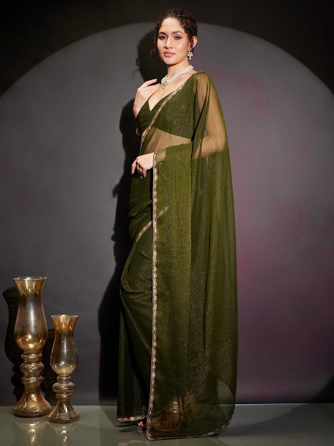Ninnique Women's Olive Silk Blend Ready To Wear Embellished Shimmer Saree with Unstitched Blouse