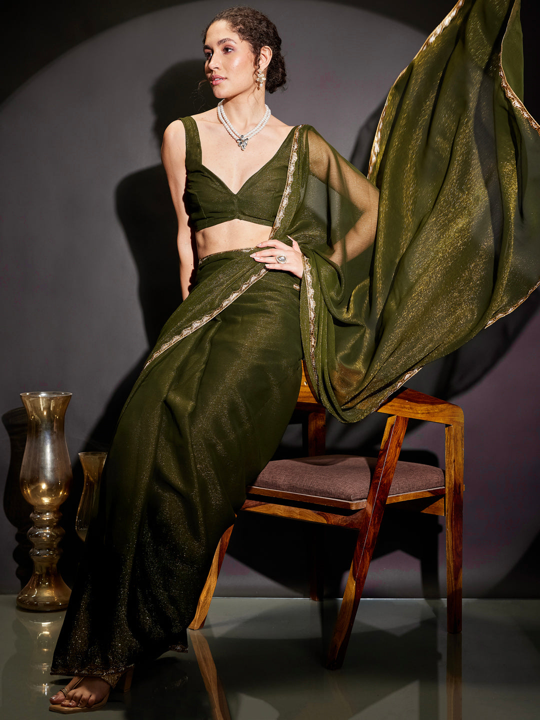Ninnique Women's Olive Silk Blend Ready To Wear Embellished Shimmer Saree with Unstitched Blouse