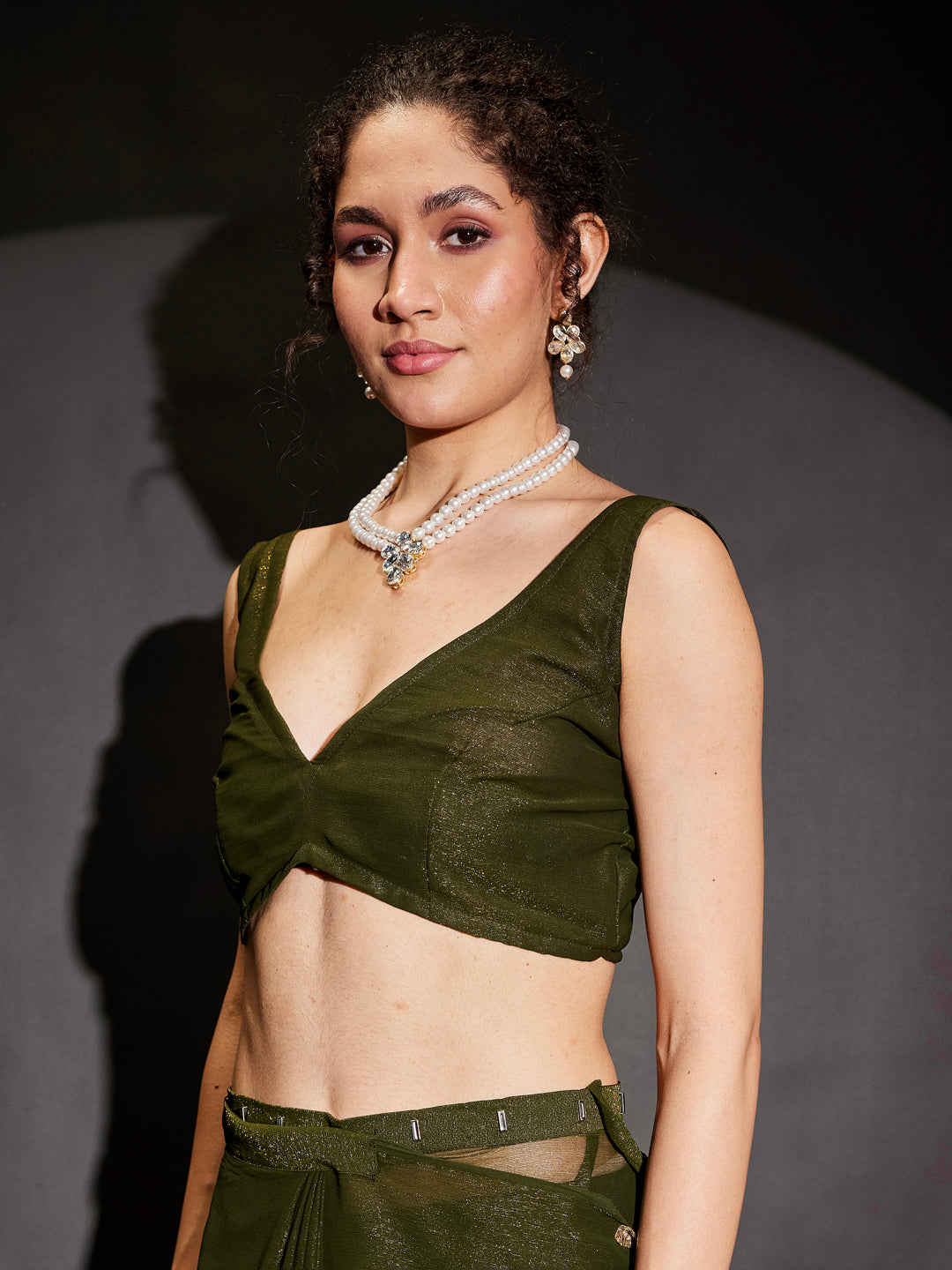 Ninnique Women's Olive Silk Blend Ready To Wear Embellished Shimmer Saree with Unstitched Blouse