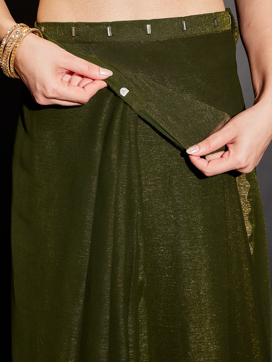 Ninnique Women's Olive Silk Blend Ready To Wear Embellished Shimmer Saree with Unstitched Blouse