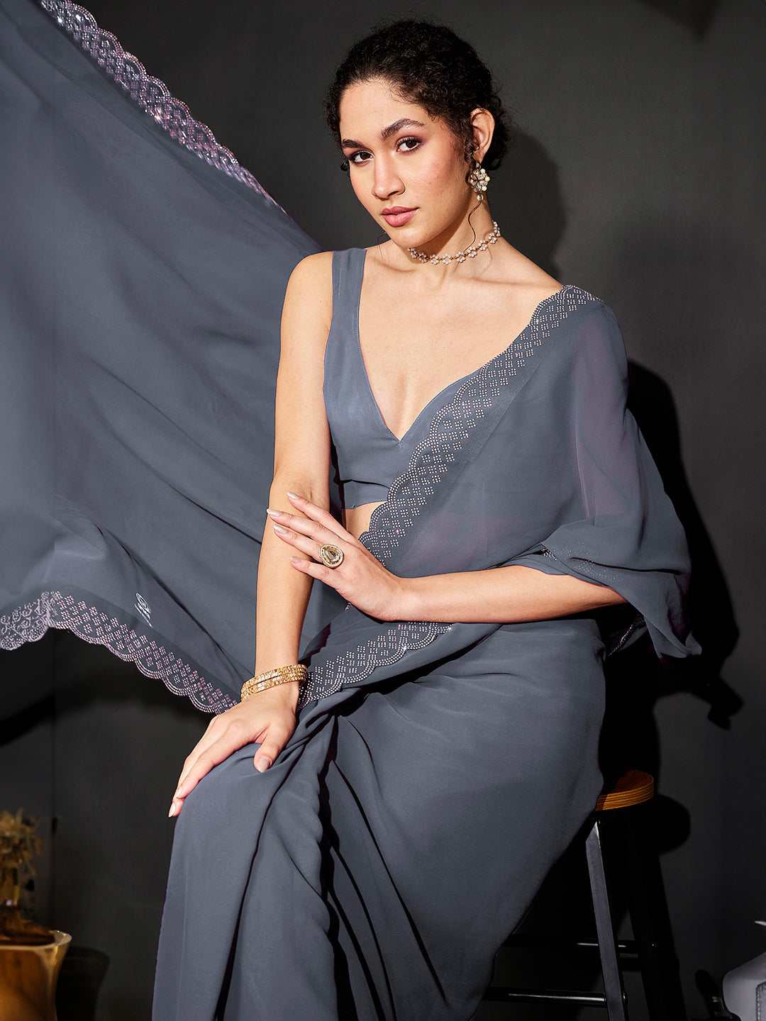 Ninnique Women's Grey Georgette Ready To Wear Embellished Saree with Unstitched Blouse