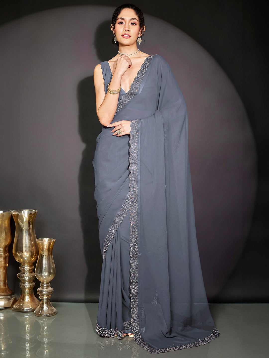 Ninnique Women's Grey Georgette Ready To Wear Embellished Saree with Unstitched Blouse