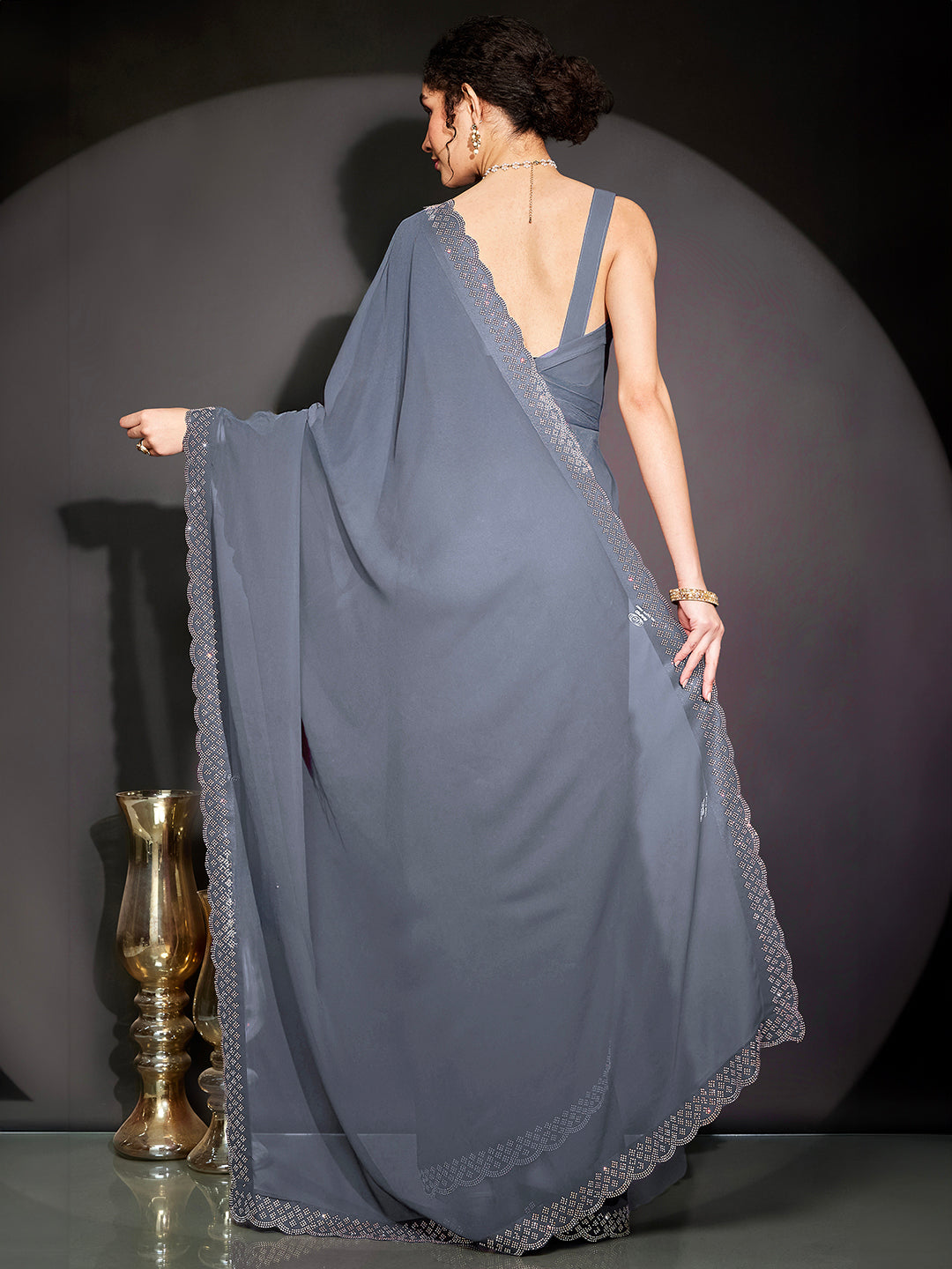 Ninnique Women's Grey Georgette Ready To Wear Embellished Saree with Unstitched Blouse