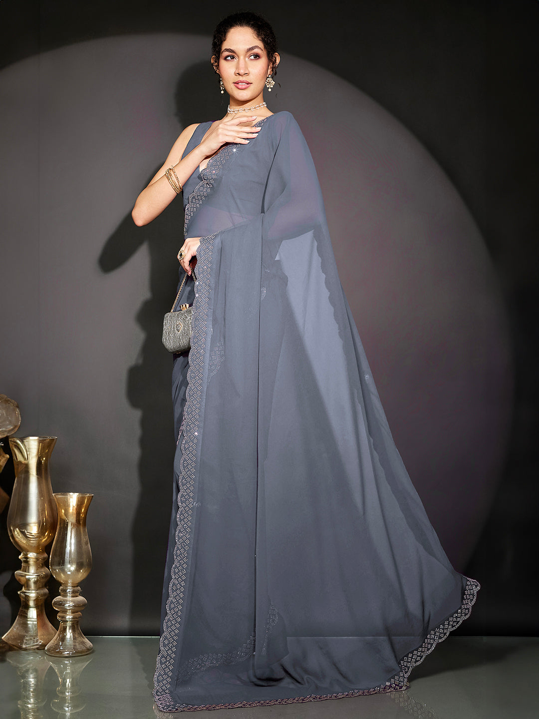 Ninnique Women's Grey Georgette Ready To Wear Embellished Saree with Unstitched Blouse