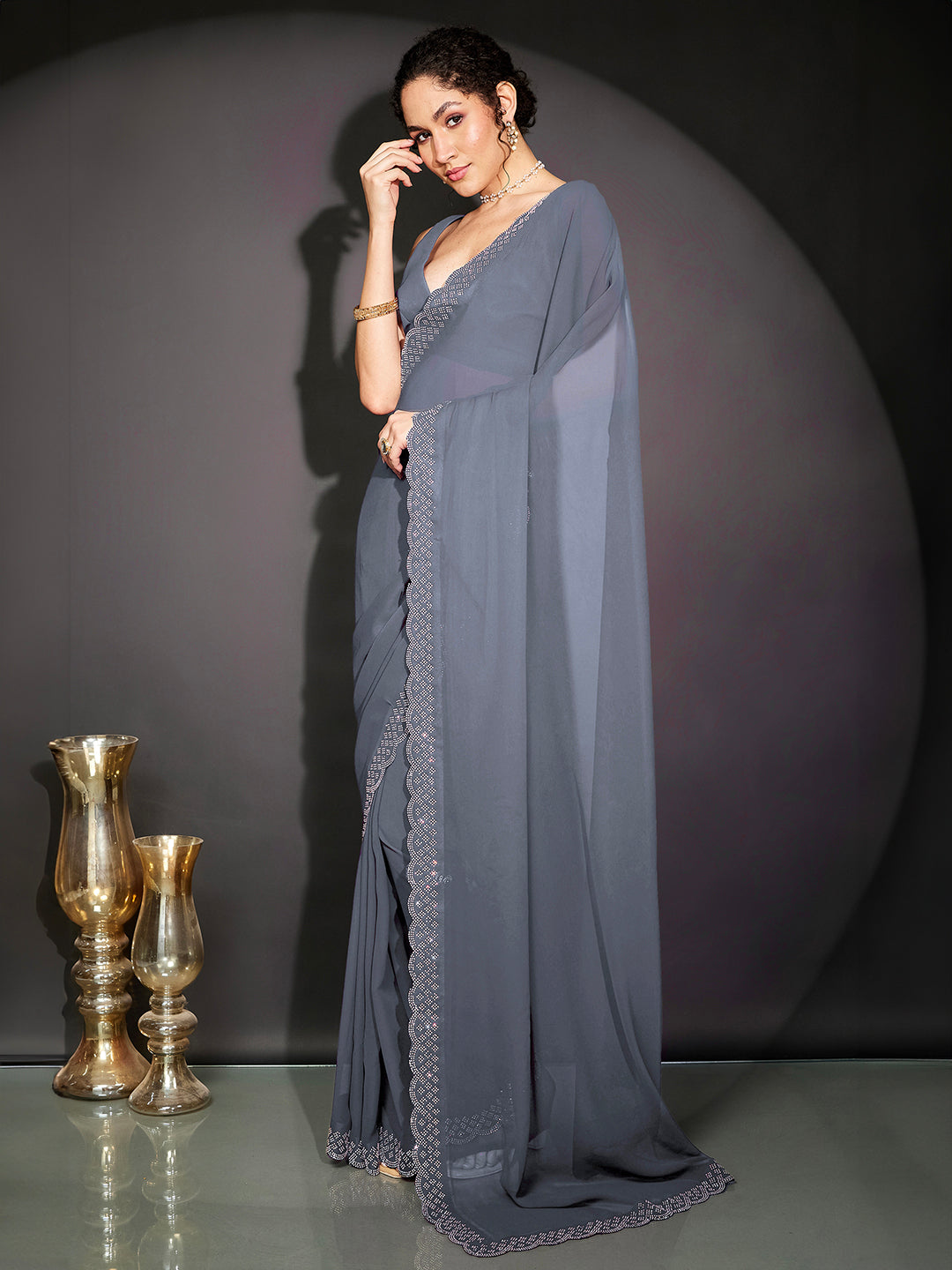 Ninnique Women's Grey Georgette Ready To Wear Embellished Saree with Unstitched Blouse