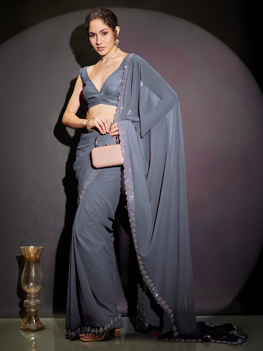 Ninnique Women's Grey Gorgette Ready To Wear Embellished Saree with Unstitched Blouse