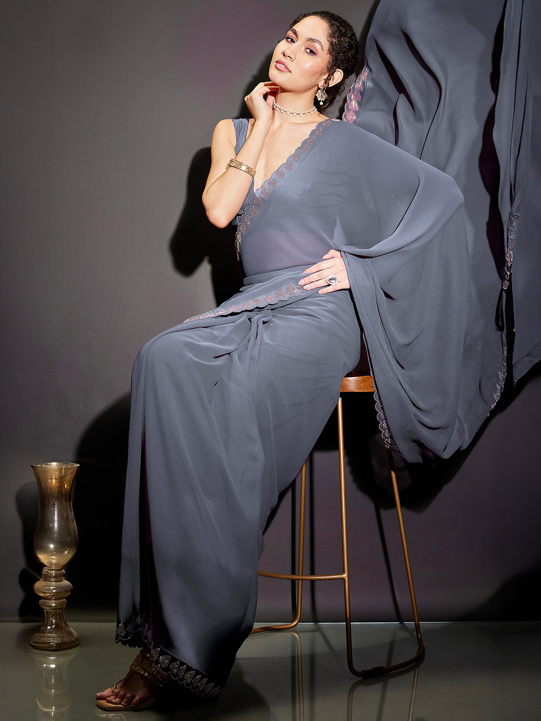 Ninnique Women's Grey Gorgette Ready To Wear Embellished Saree with Unstitched Blouse
