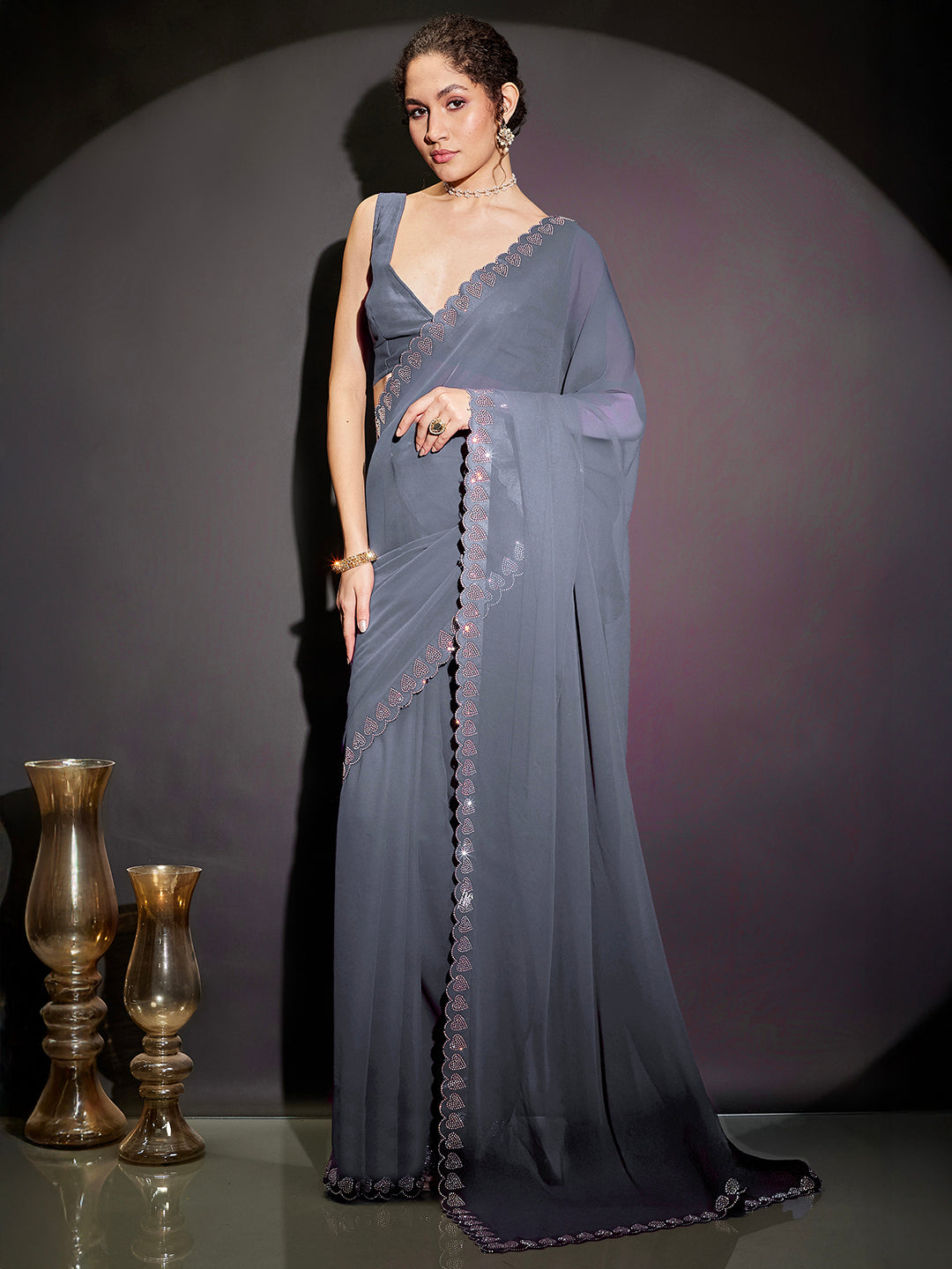 Ninnique Women's Grey Gorgette Ready To Wear Embellished Saree with Unstitched Blouse