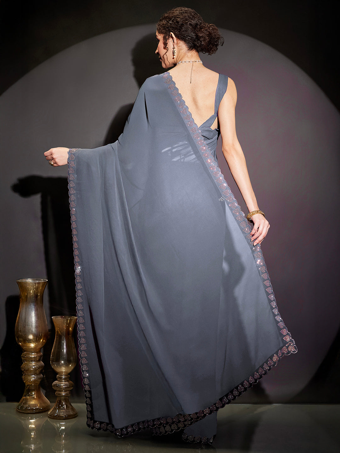 Ninnique Women's Grey Gorgette Ready To Wear Embellished Saree with Unstitched Blouse