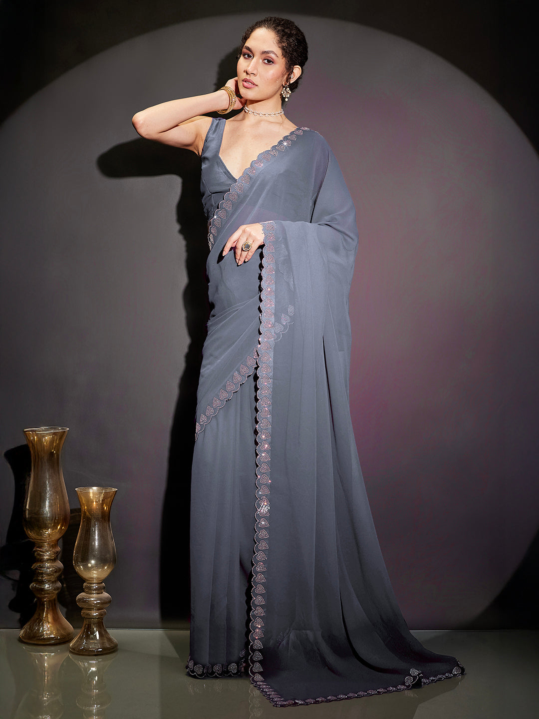 Ninnique Women's Grey Gorgette Ready To Wear Embellished Saree with Unstitched Blouse