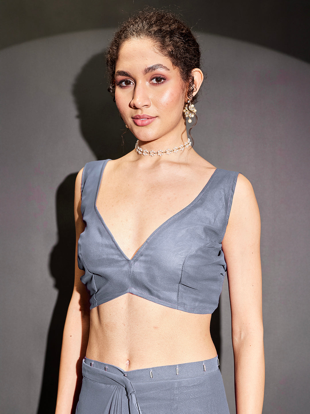 Ninnique Women's Grey Gorgette Ready To Wear Embellished Saree with Unstitched Blouse