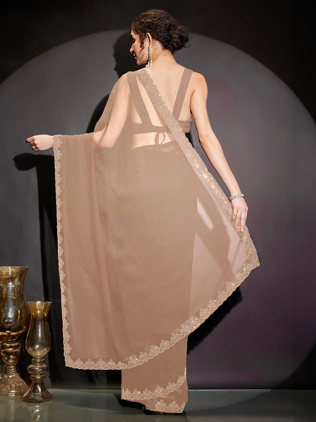 Ninnique Women's Beige Georgette Ready To Wear Embellished Saree with Unstitched Blouse