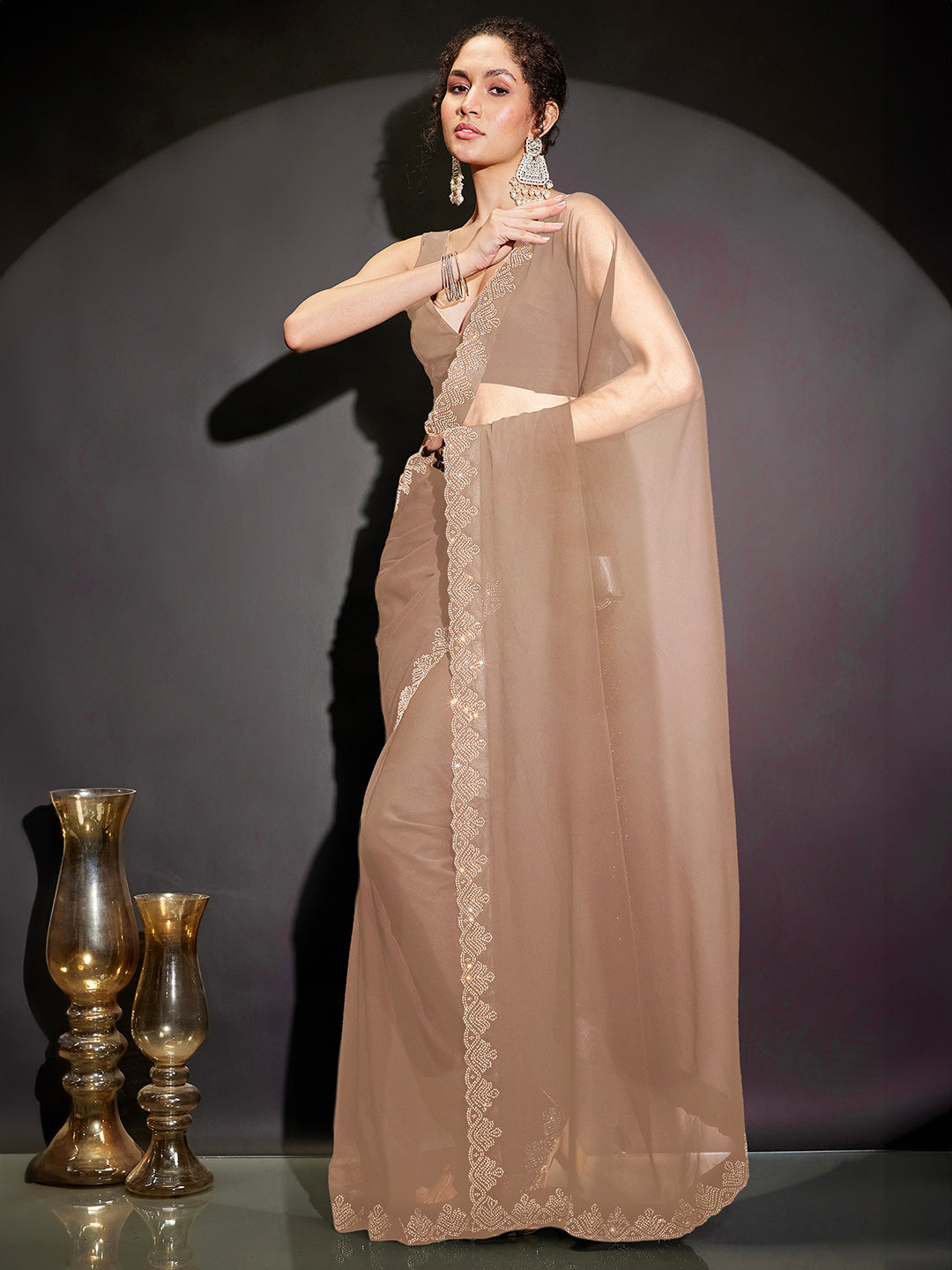 Ninnique Women's Beige Georgette Ready To Wear Embellished Saree with Unstitched Blouse