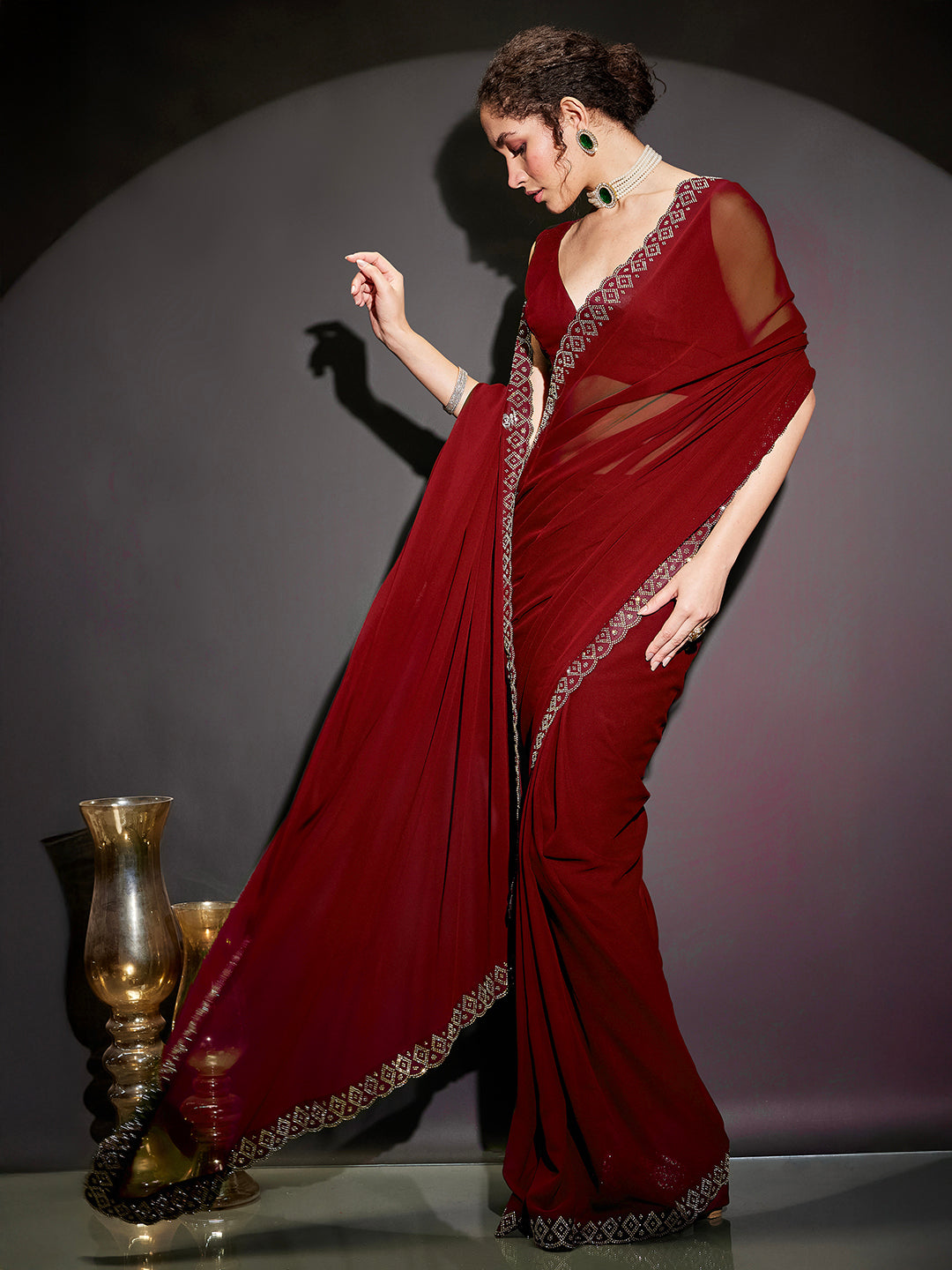 Ninnique Women's Black Georgette Ready To Wear Embellished Saree with Unstitched Blouse