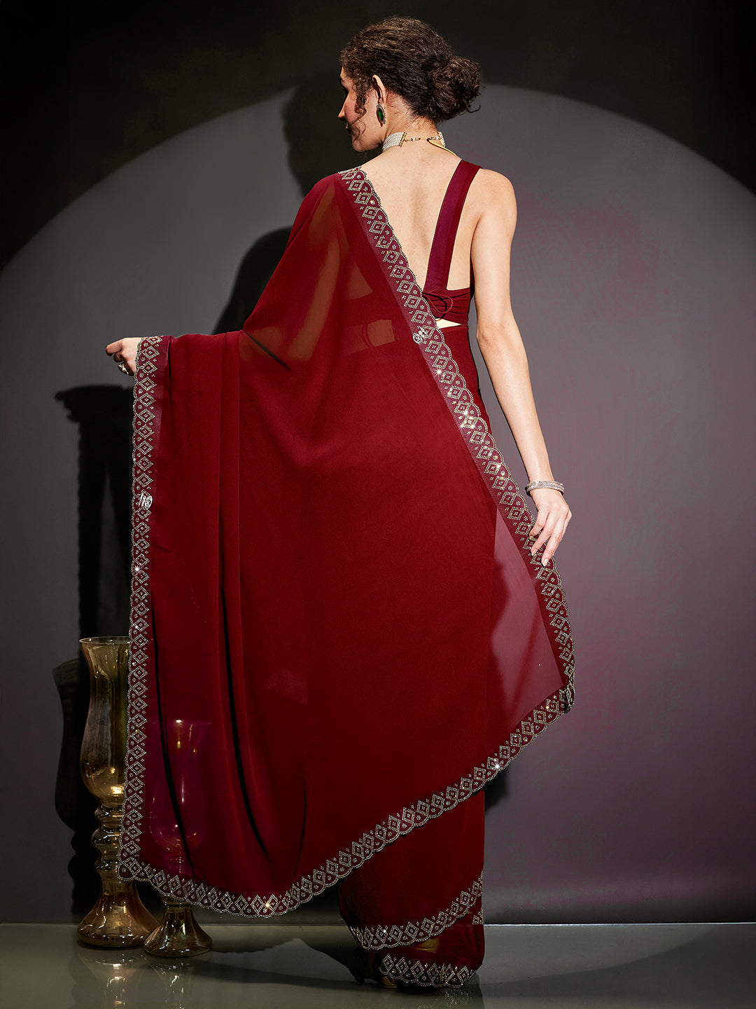 Ninnique Women's Black Georgette Ready To Wear Embellished Saree with Unstitched Blouse