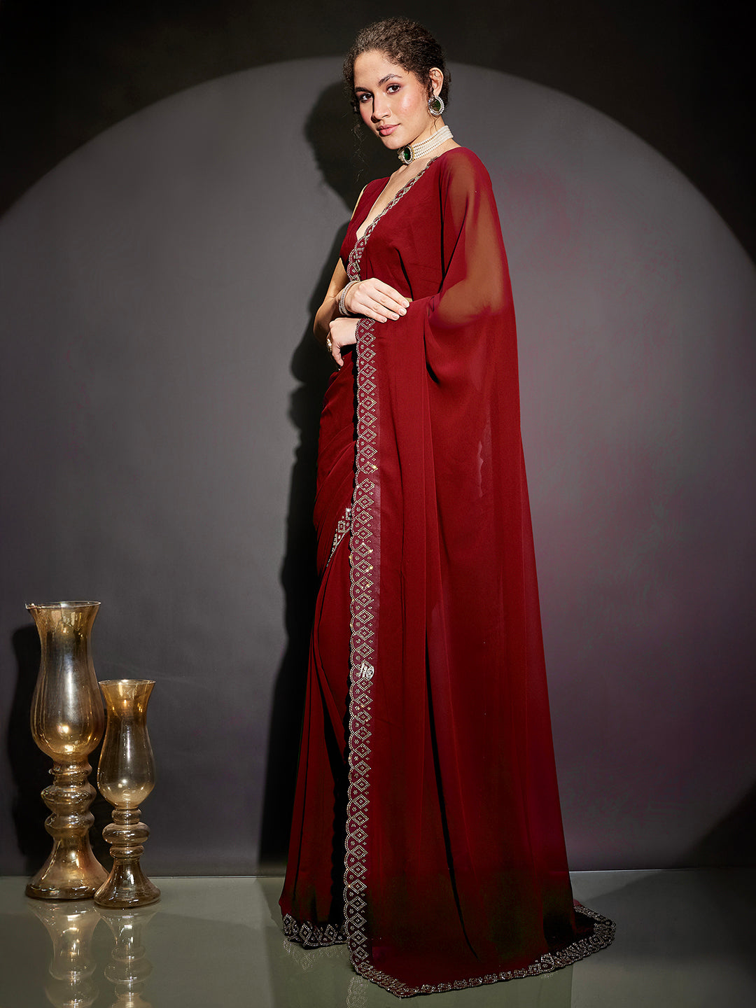 Ninnique Women's Black Georgette Ready To Wear Embellished Saree with Unstitched Blouse