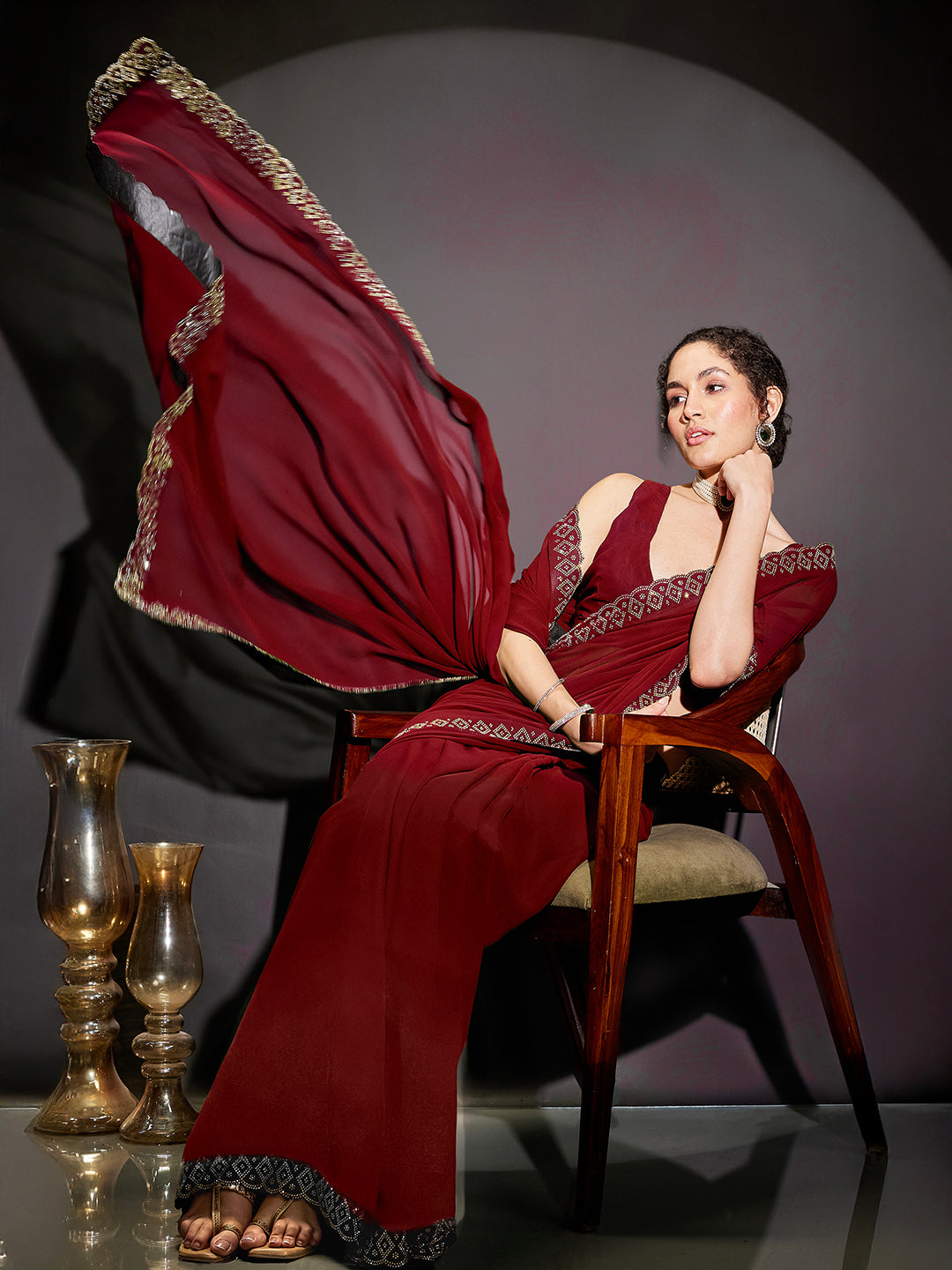 Ninnique Women's Black Georgette Ready To Wear Embellished Saree with Unstitched Blouse