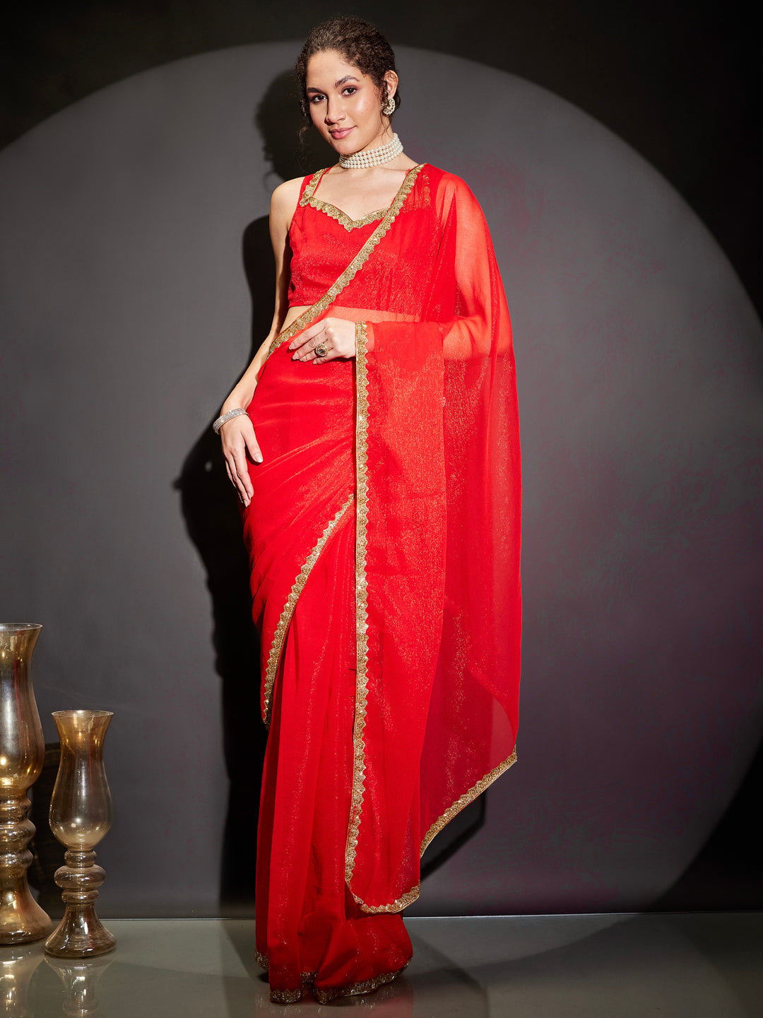 Ninnique Women's Teal Green Silk Blend Ready To Wear Embellished Shimmer Saree with Unstitched Blouse