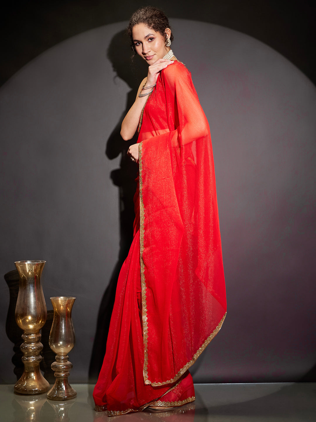 Ninnique Women's Teal Green Silk Blend Ready To Wear Embellished Shimmer Saree with Unstitched Blouse