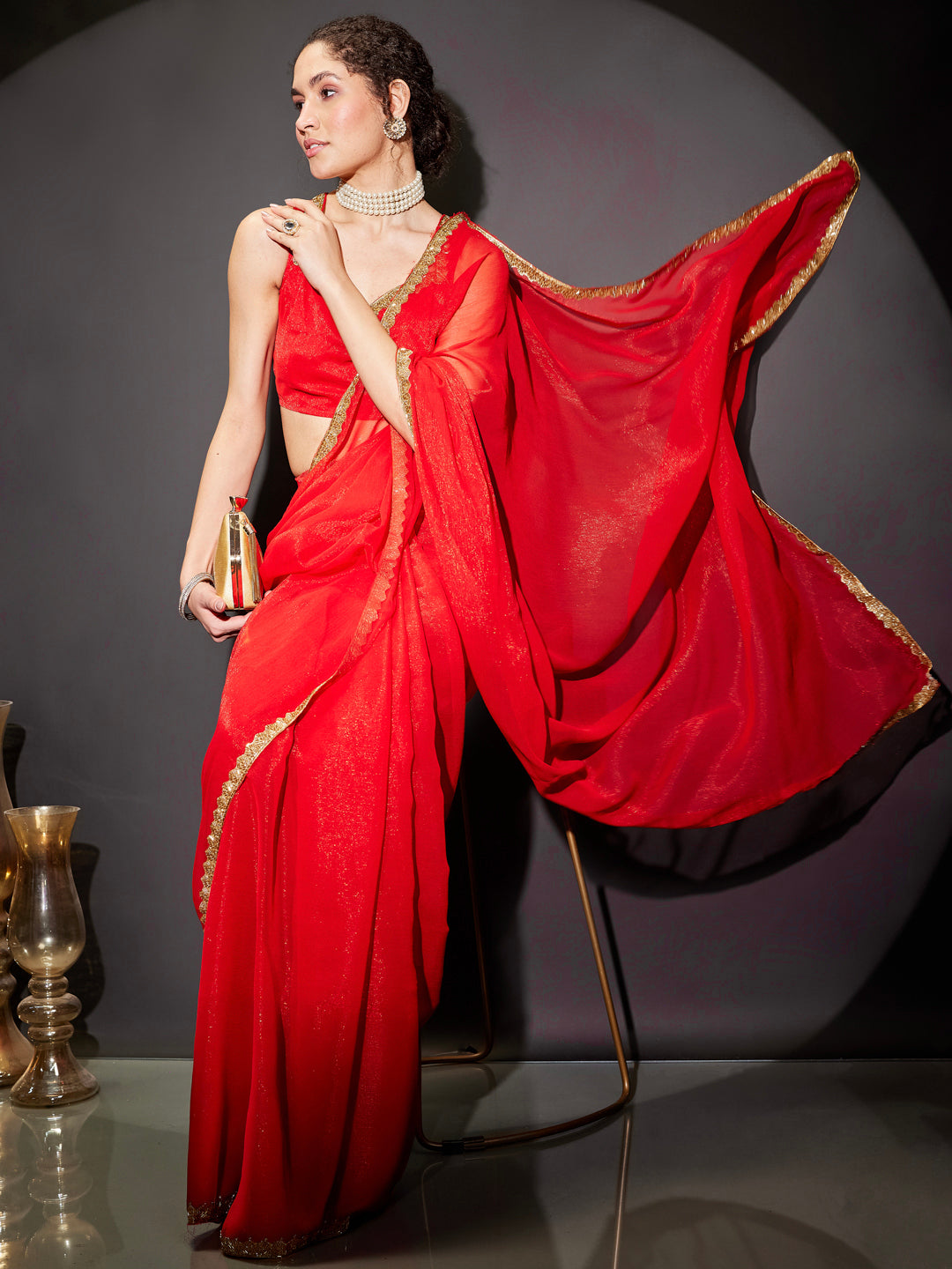 Ninnique Women's Teal Green Silk Blend Ready To Wear Embellished Shimmer Saree with Unstitched Blouse