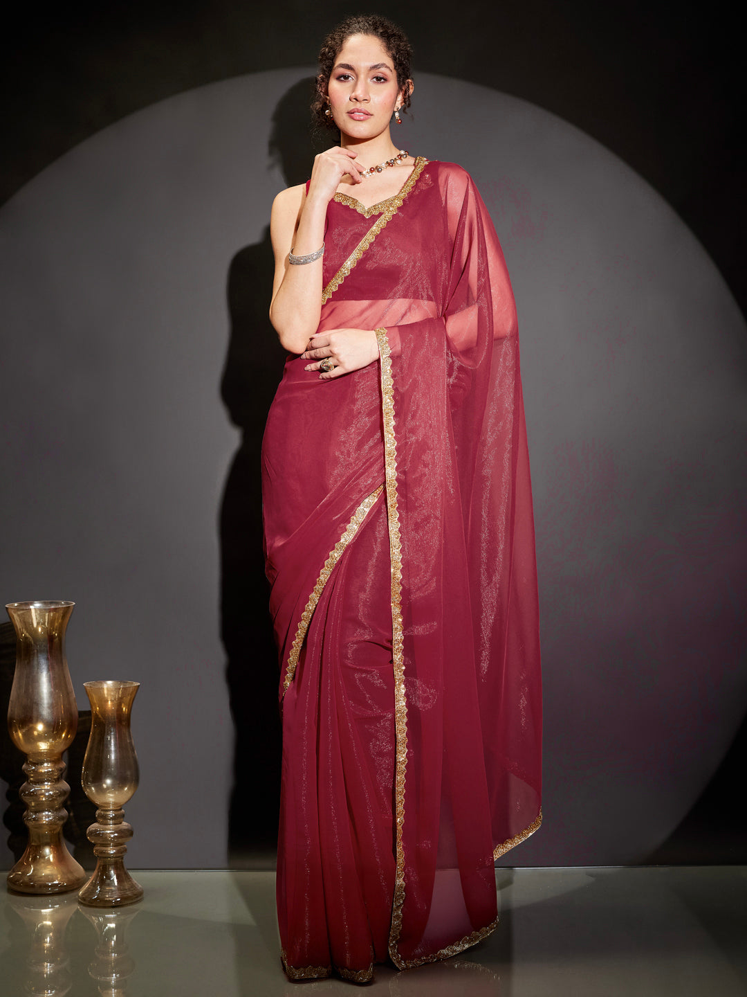 Ninnique Women's Pink Silk Blend Ready To Wear Embellished Shimmer Saree with Unstitched Blouse
