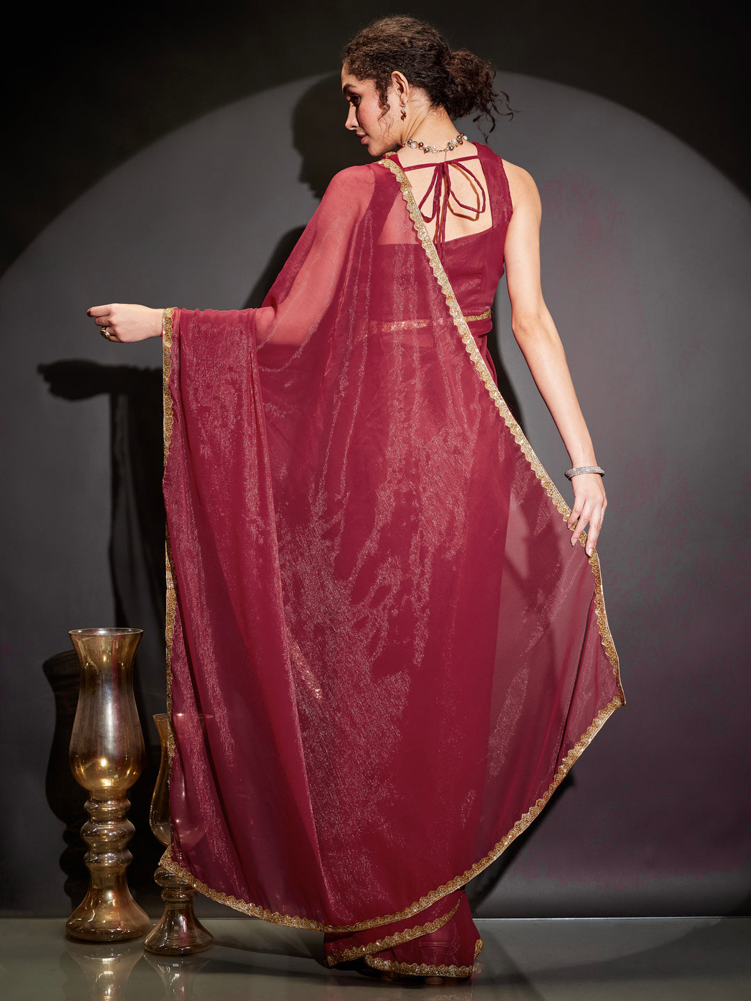 Ninnique Women's Pink Silk Blend Ready To Wear Embellished Shimmer Saree with Unstitched Blouse