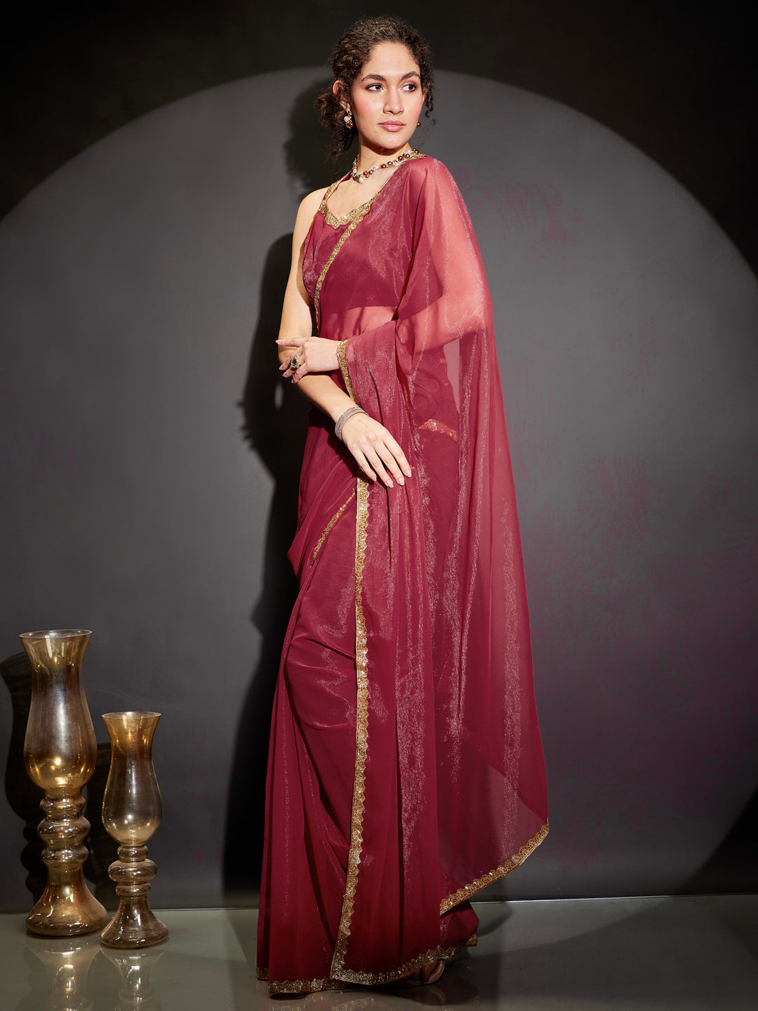 Ninnique Women's Pink Silk Blend Ready To Wear Embellished Shimmer Saree with Unstitched Blouse