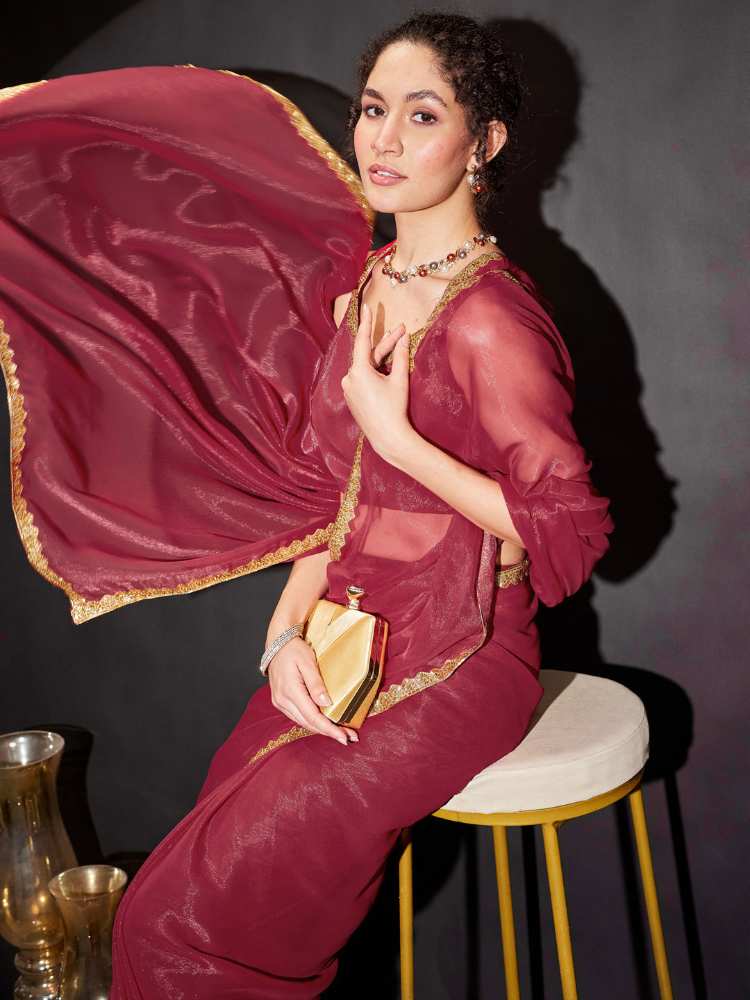 Ninnique Women's Pink Silk Blend Ready To Wear Embellished Shimmer Saree with Unstitched Blouse