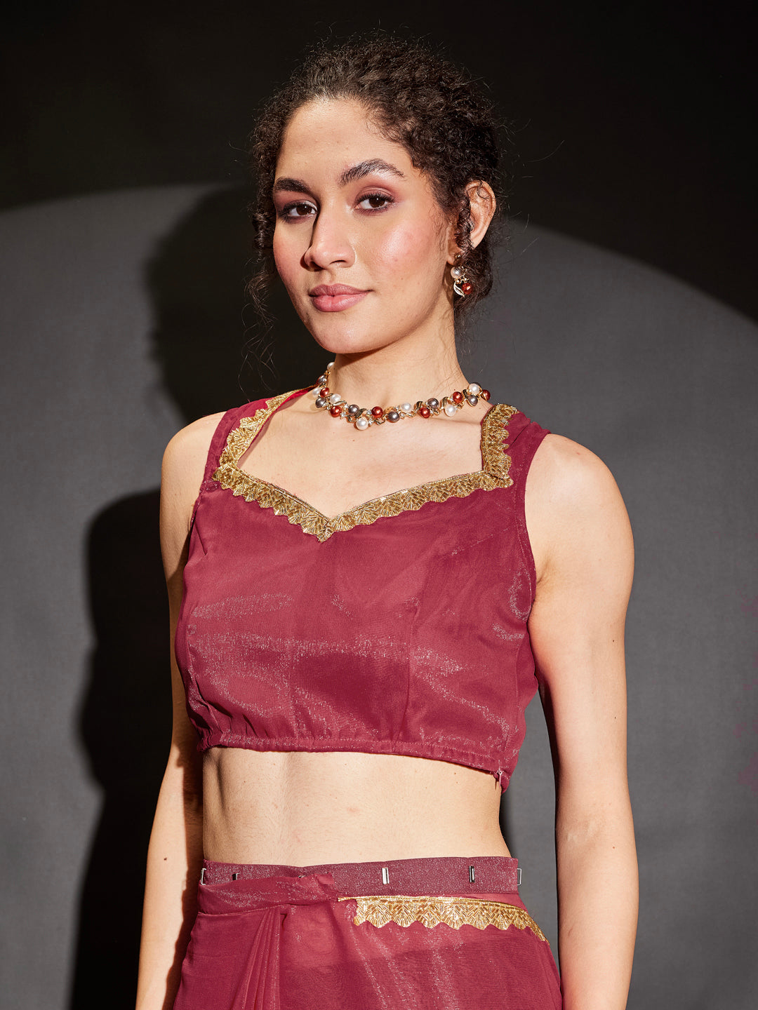 Ninnique Women's Pink Silk Blend Ready To Wear Embellished Shimmer Saree with Unstitched Blouse