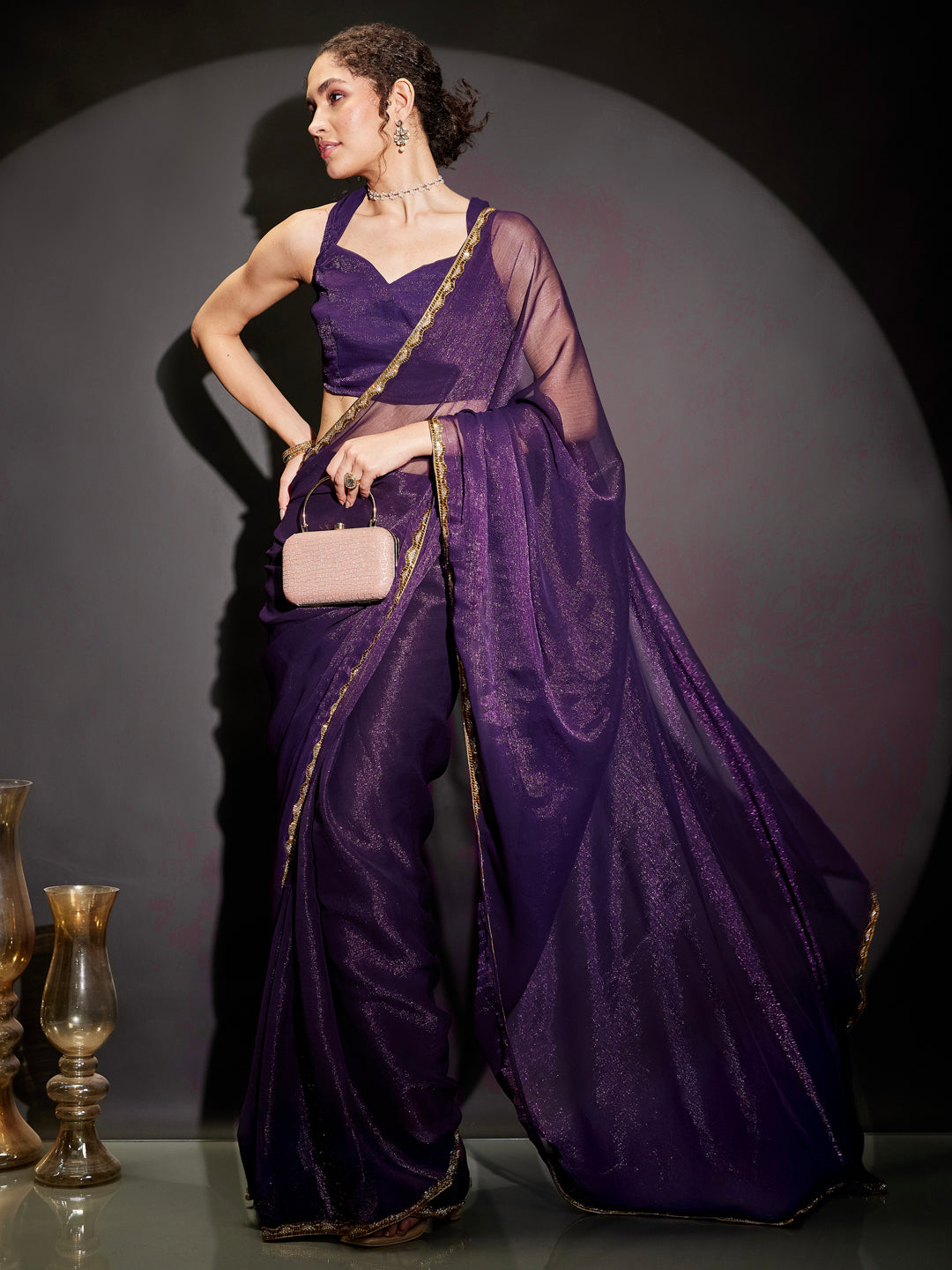 Ninnique Women's Purple Silk Blend Ready To Wear Embellished Shimmer Saree with Unstitched Blouse