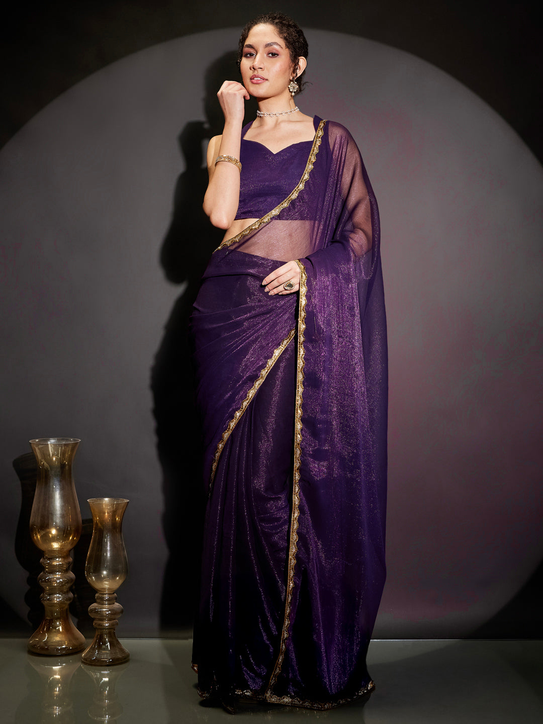 Ninnique Women's Purple Silk Blend Ready To Wear Embellished Shimmer Saree with Unstitched Blouse