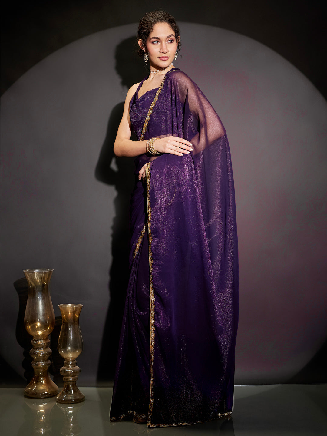 Ninnique Women's Purple Silk Blend Ready To Wear Embellished Shimmer Saree with Unstitched Blouse