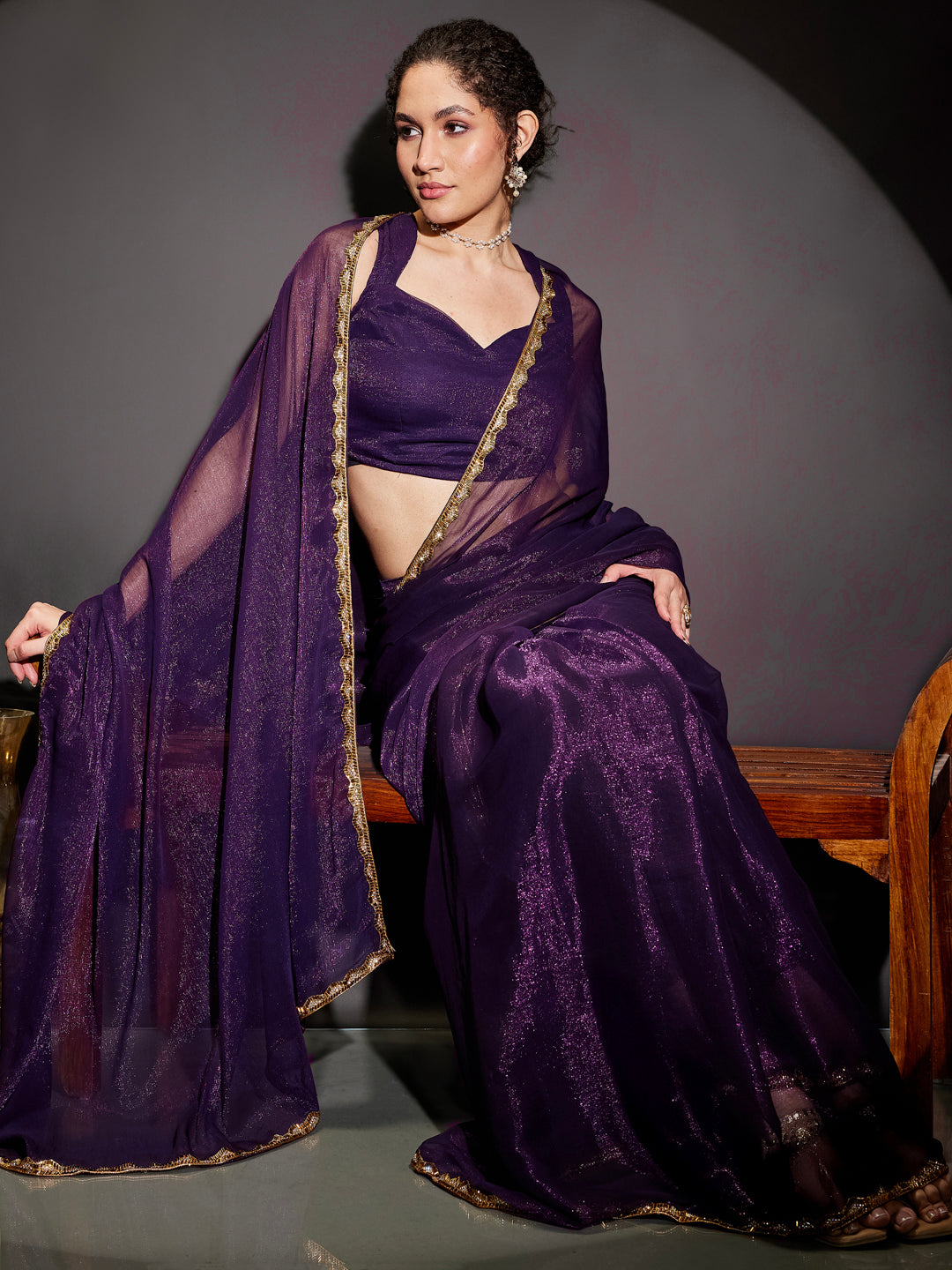 Ninnique Women's Purple Silk Blend Ready To Wear Embellished Shimmer Saree with Unstitched Blouse