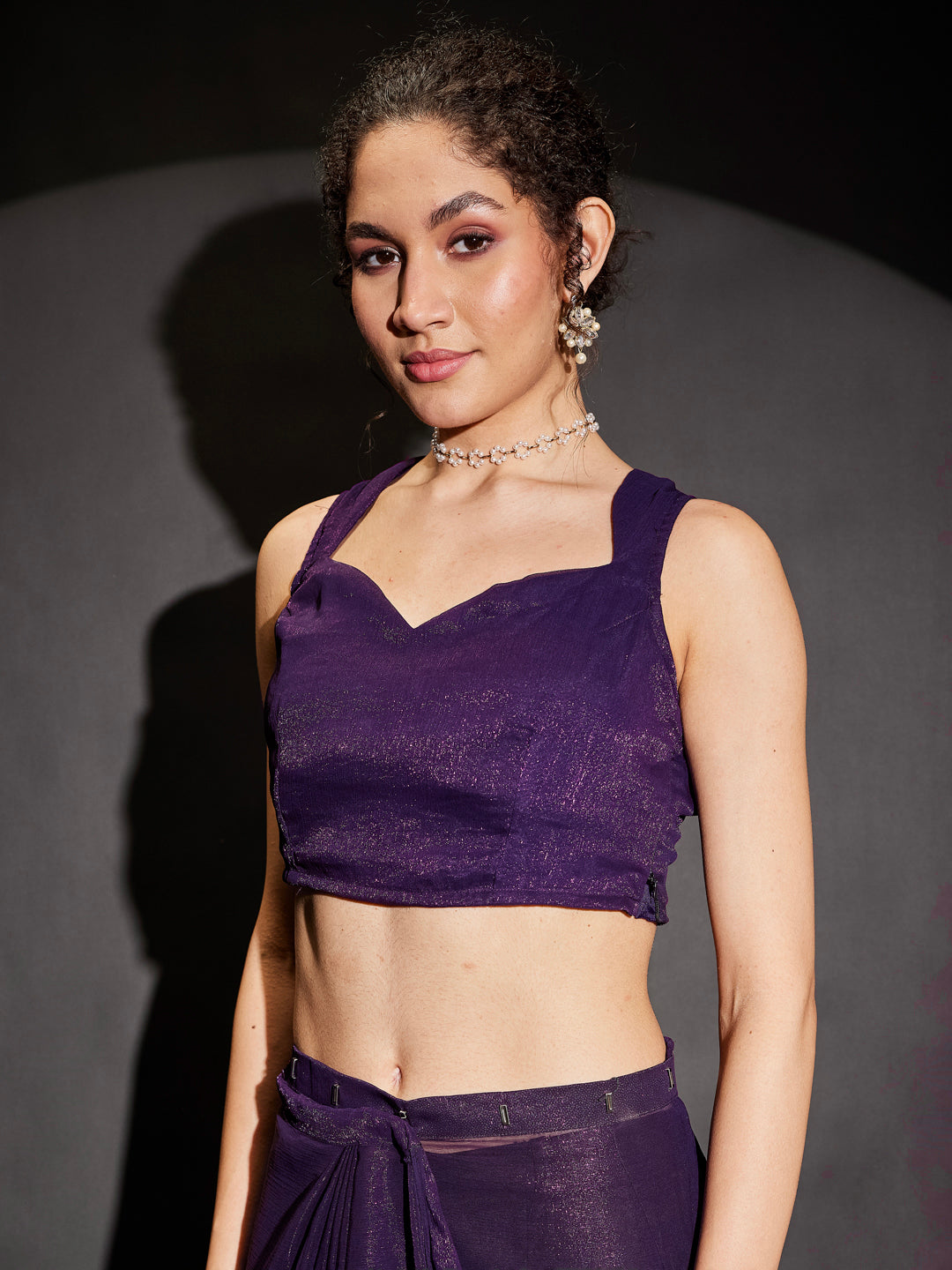 Ninnique Women's Purple Silk Blend Ready To Wear Embellished Shimmer Saree with Unstitched Blouse