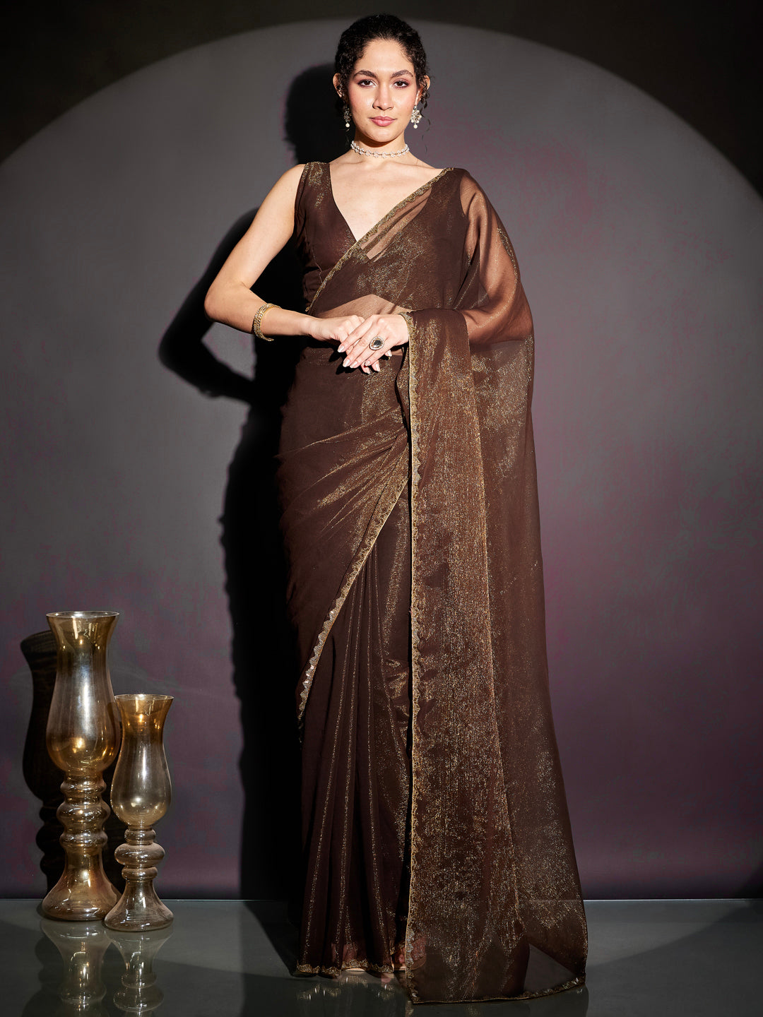 Ninnique Women's Brown Silk Blend Ready To Wear Embellished Shimmer Saree with Unstitched Blouse