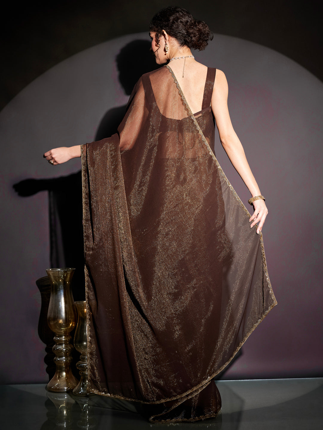 Ninnique Women's Brown Silk Blend Ready To Wear Embellished Shimmer Saree with Unstitched Blouse